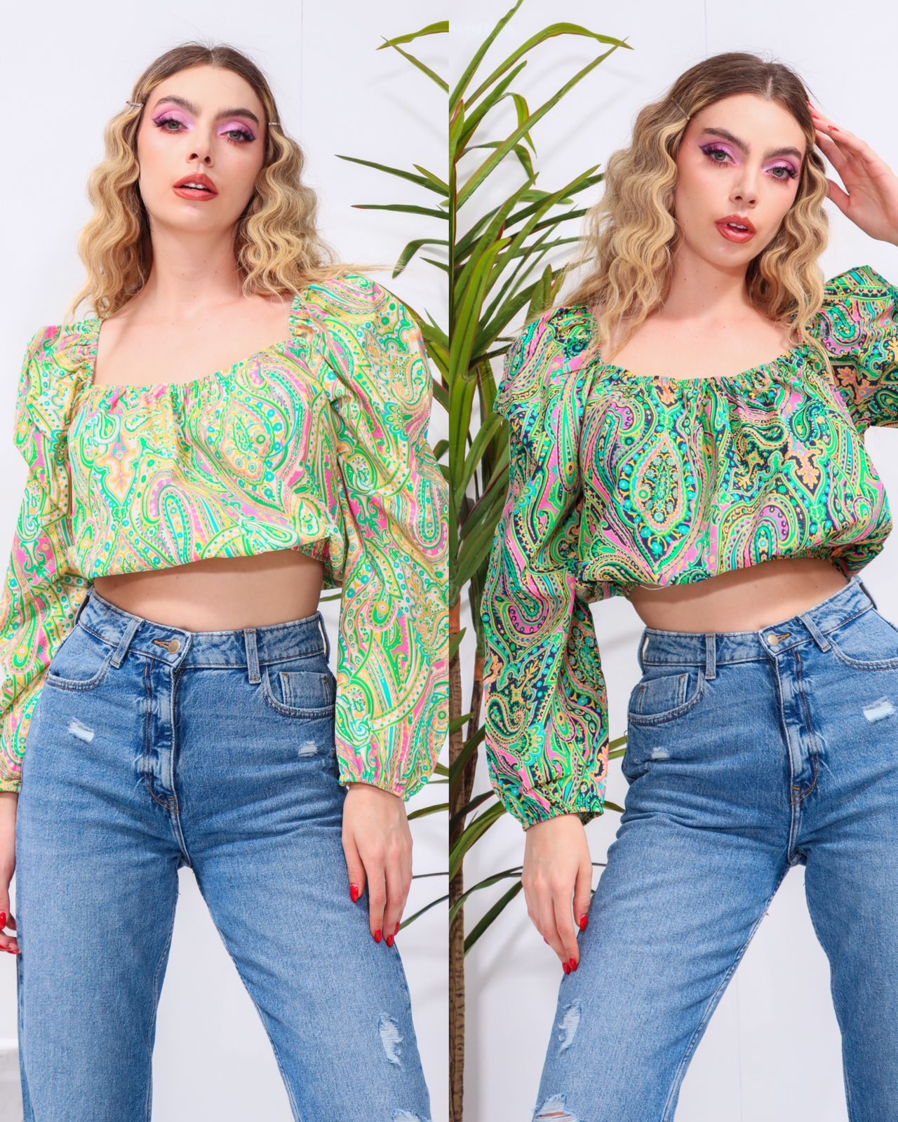 Blusa Manga Abombada Estampada Grecas